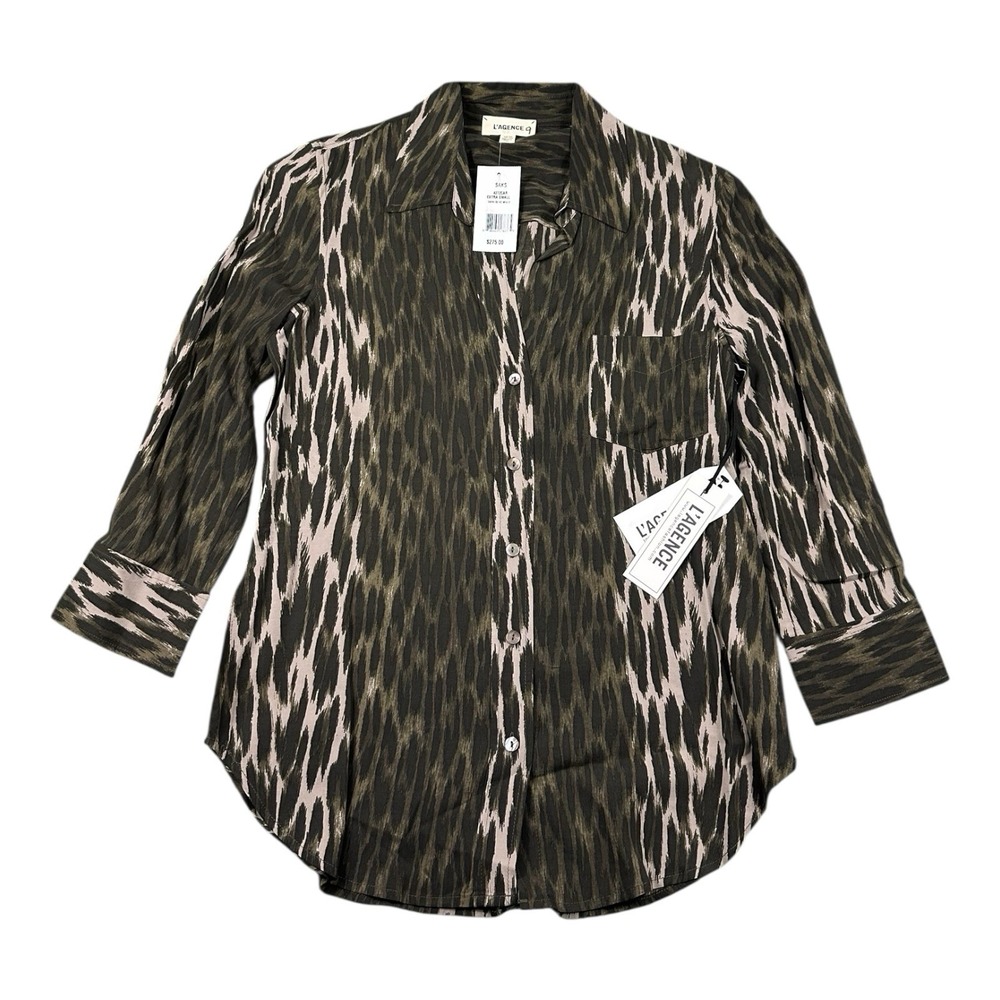 L'Agence Tiger Stripe Brown Viscose Button Front Shirt XS NWT 4272CAR